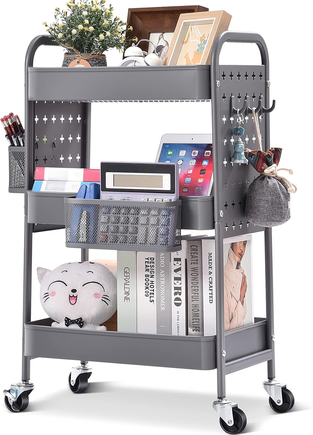 TOOLF 3-Tier Rolling Cart, Metal Utility Storage Cart with DIY Pegboards, Art Craft Trolley with Baskets Hooks, Serving Organizer Easy Assemble for Office, Home, Kitchen, Classroom (Grey)