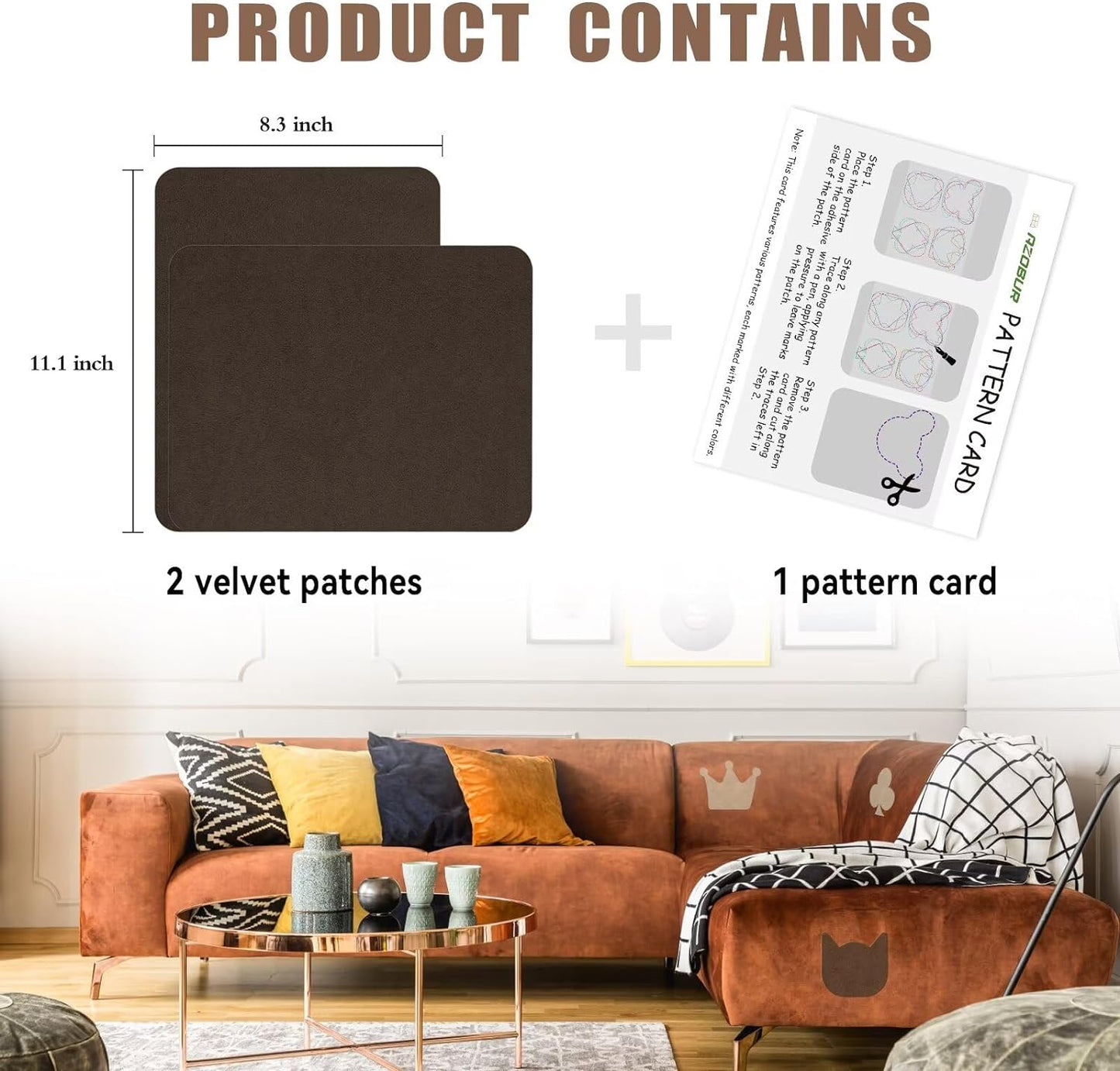 Azobur Fabric Couch Repair Patch 8.3 x 11 inches,Self-Adhesive Fabric Repair Patch for Furniture,Handbag,Sofa,Car Seats-(Brown)