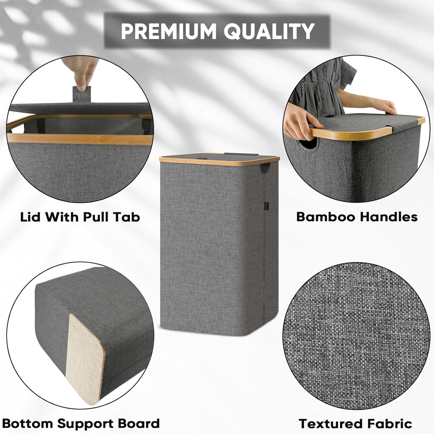 BALEINE Laundry Hamper with Lid, Tall Laundry Baskets with Bamboo Pull Handles, Large Laundry Bin with Internal Support (18 Gal/70L, Black)