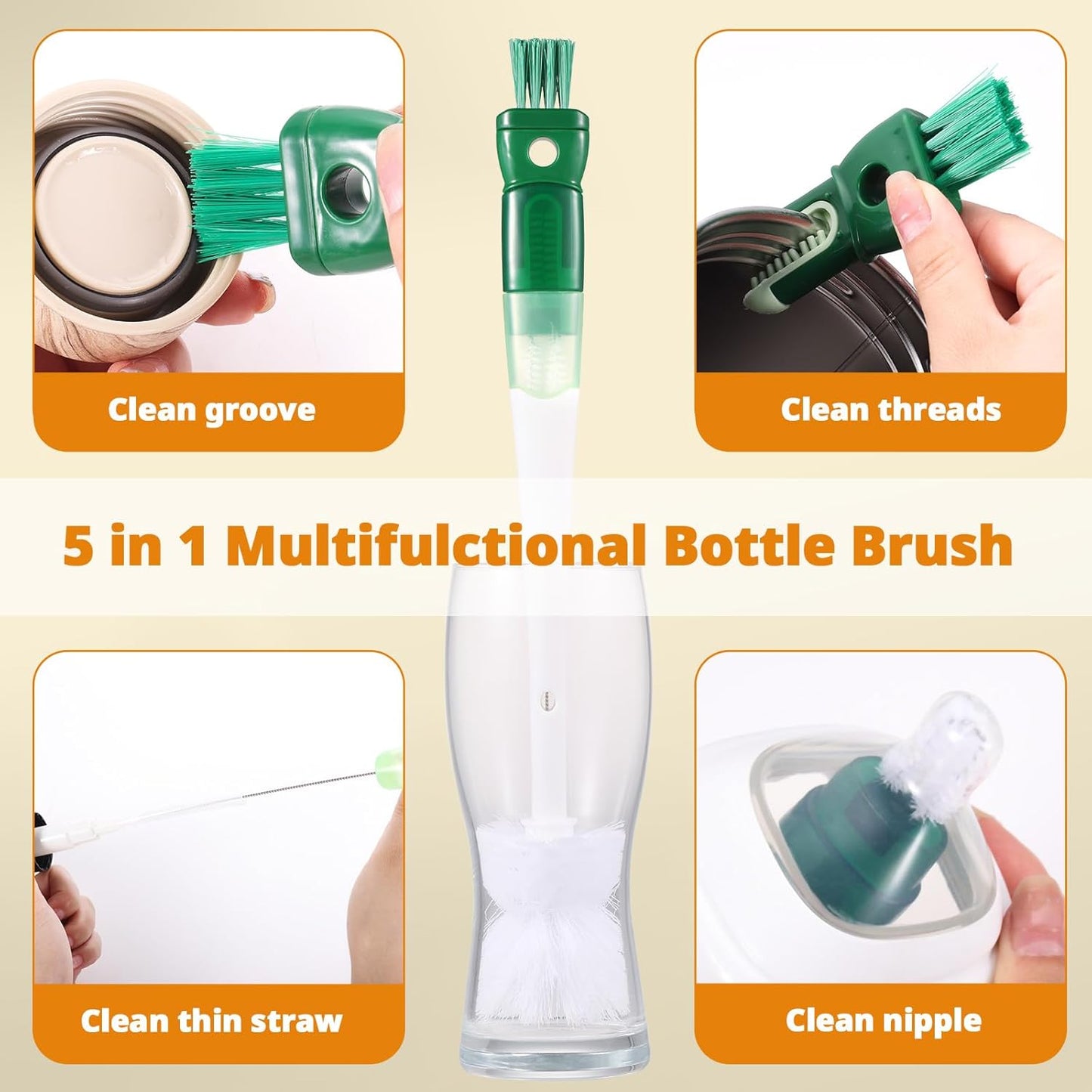 OUTXE 5 Pack Bottle Brush Set, 5-in-1 Water Bottle Cleaner Brush, 15"" Long Handle Bottle Cleaning Brush, 3 Straw Brush, Removable Nipple Brush, Detail Brush for Cup Lid Gap, WBBSBLB5