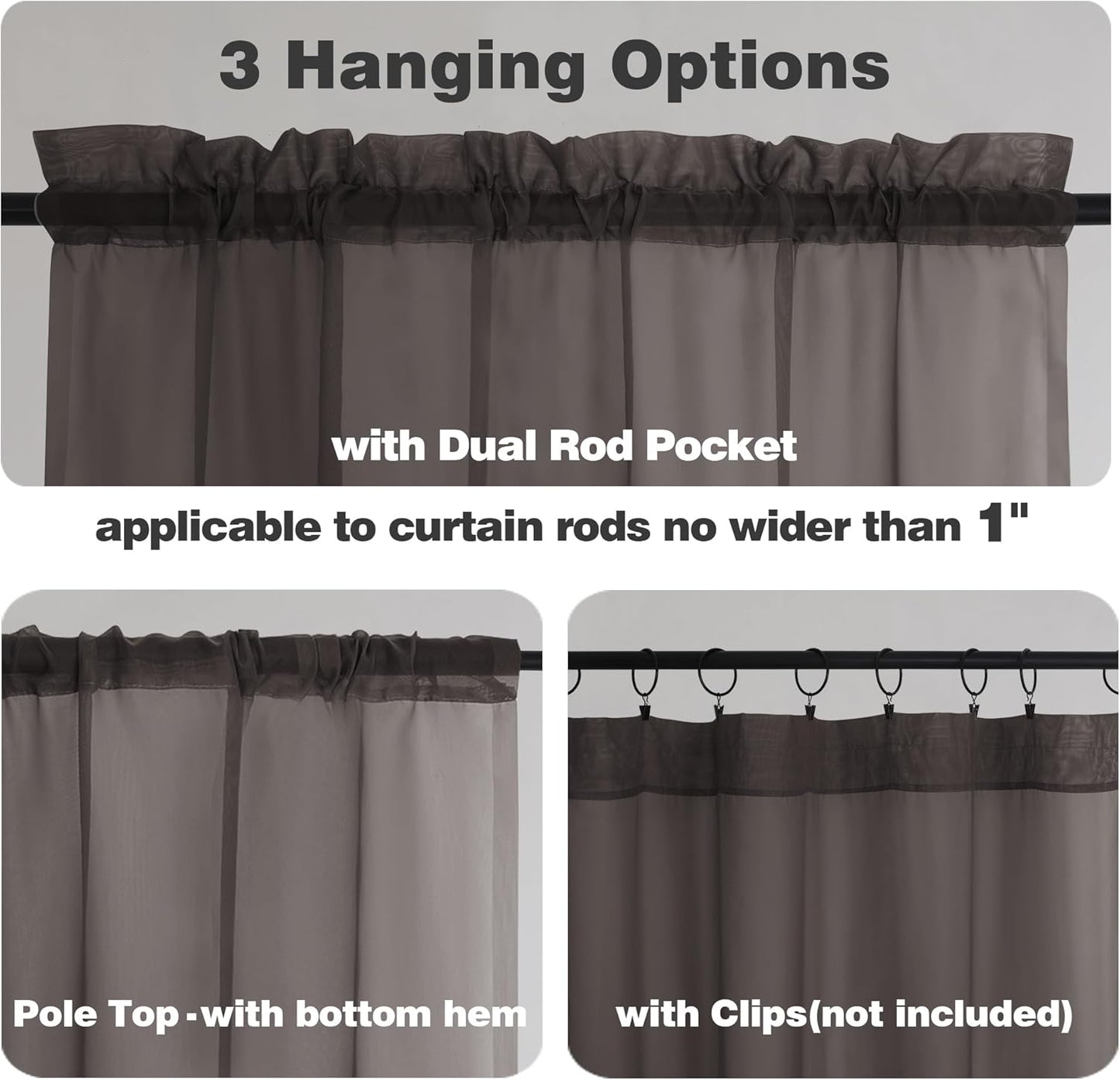 Chyhomenyc Sheer Curtains 63 Inch Length 2 Panels, Light Filtering Rod Pocket Window Sheer Curtain Drapes for Bedroom Living Room, 42Wx63L, 2 Panels, Chocolate Brown