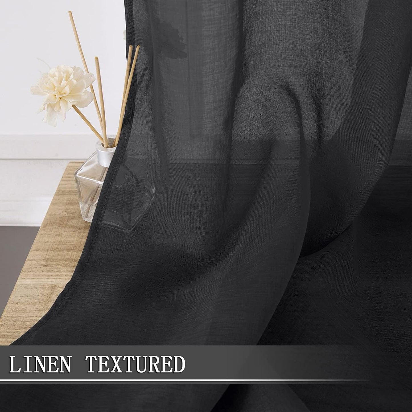 Tollpiz Short Sheer Curtain Linen Textured Bedroom Curtains Sheer Light Filtering Rod Pocket Voile Curtain for Living Room, 54 x 54 inches Long, Black, Set of 2 Panels