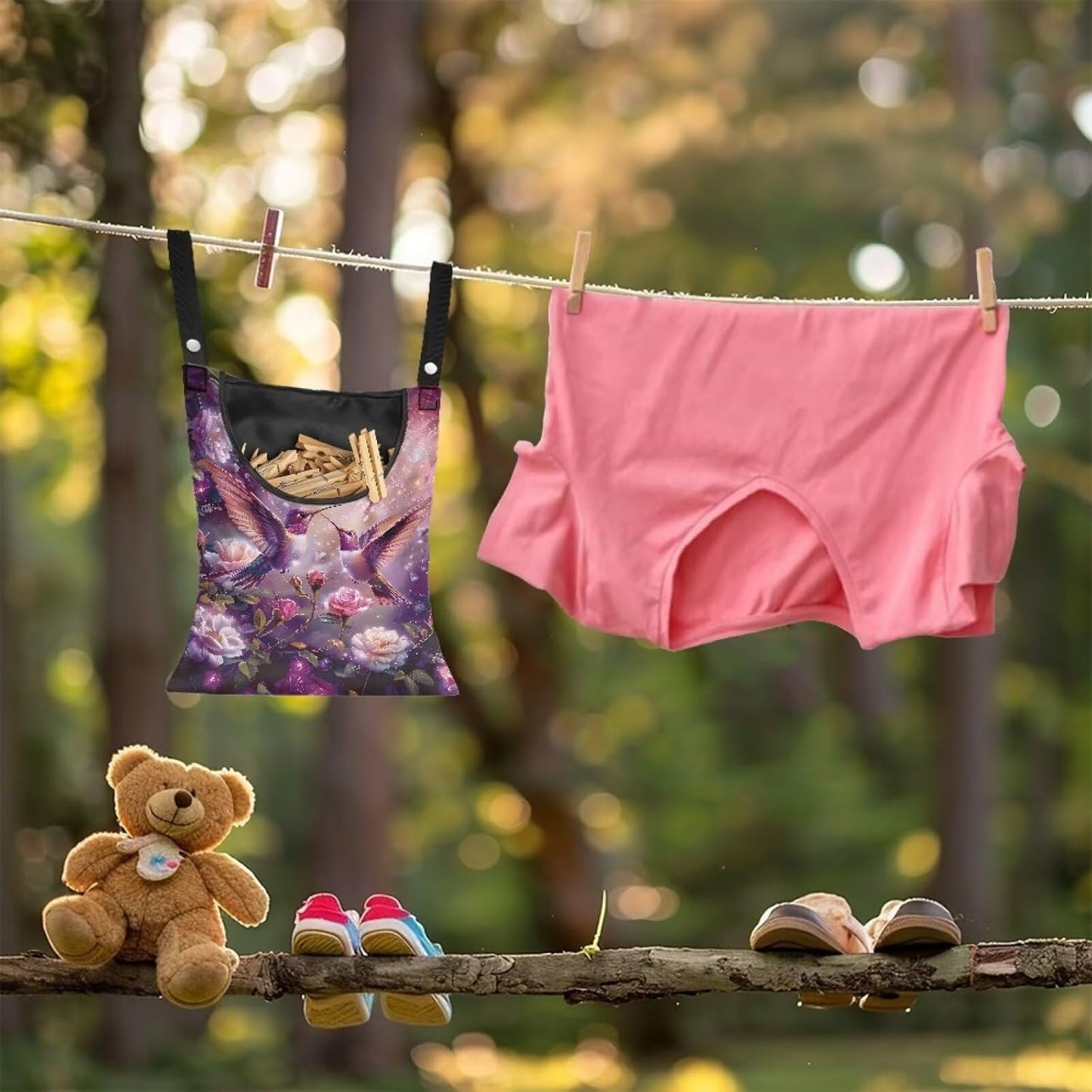 Purple Flower Hummingbird Clothespin Bag with Hanging Hook Summer Laundry Clothes Pin Holder Waterproof Clothes Pin Hanging Bag Clothespin Storage Organizer for Indoor and Outdoor
