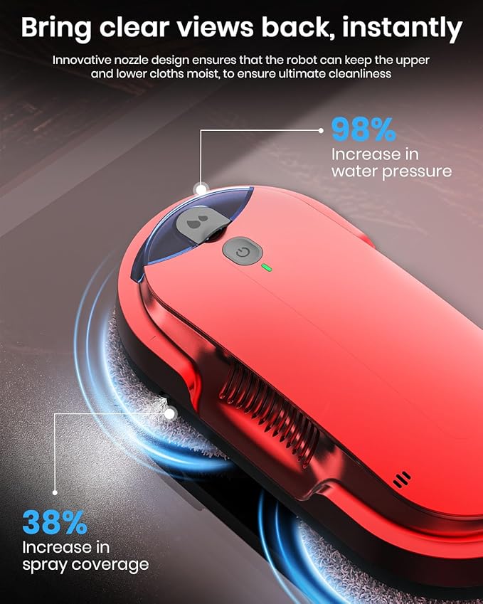 BNZ Smart Window Cleaning Robot, Twin Turbo & Dual Auto-Spray Window Cleaner with Multiple Safety System, AI Path Planning, Frameless Edge Detection, K1 (Ruby Red)