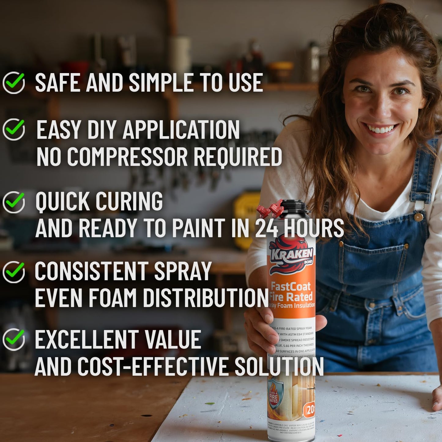 Kraken Bond Fastcoat Fire Rated Spray Foam Insulation Kit Closed Cell in a Can 40 sq ft (2x27.1 oz.) (R-Value 11.32 / 2in) - Spray Foam for Garage Door, Attic, Wall Gun & Cleaner Included, 2 Pack