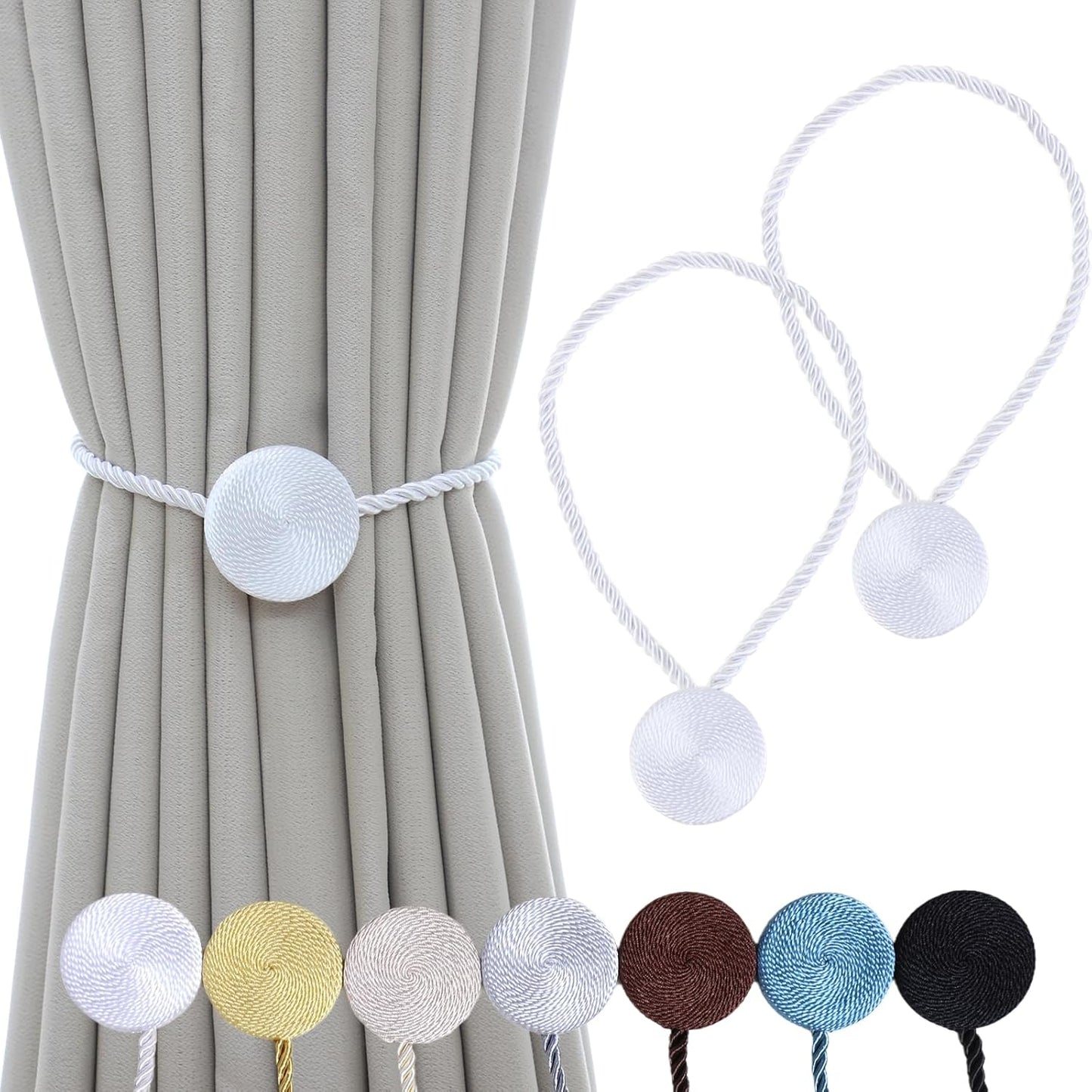 Magnetic Curtain Tiebacks - 12mm Magnetic Tie Backs for Curtains, Heavy Duty No Drill Curtain Holdbacks for Home/Office Windows Drapes, Elegant Gift-Ready Design 7 Colors (2, White)