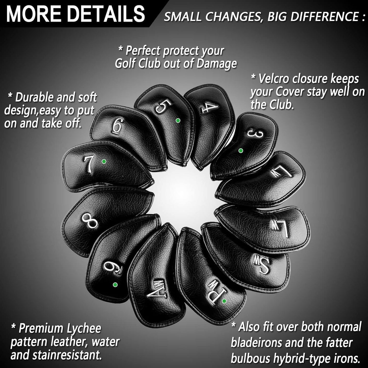 FINGER TEN Premium Synthetic Leather Stylish Iron & Wedge Golf Head Covers Value 12 Piece Set, Embroidered Labels & Fits Most Clubs Gift Set, Travel Protection Accessories
