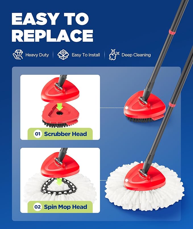 6-in-1 Mop Heads Replacements for O Cedar EasyWring 1 Tank System, Includes 1 Base | 2 Scrub Brush Heads | 3 Spin Mop Heads, Full Set Mop Replace Heads for Cleaning Home, Bathroom & Kitchen