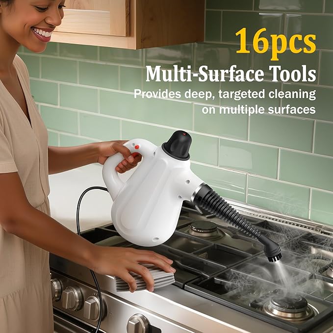 Steam Cleaner, Pressurized Multi-Surface Natural Handheld Steam Cleaner for Home with Lock Button&16 PCS Tools, Portable Steamer for Deep Cleaning Bathrooms, Kitchens, Grout, Tile, and Windows(White)