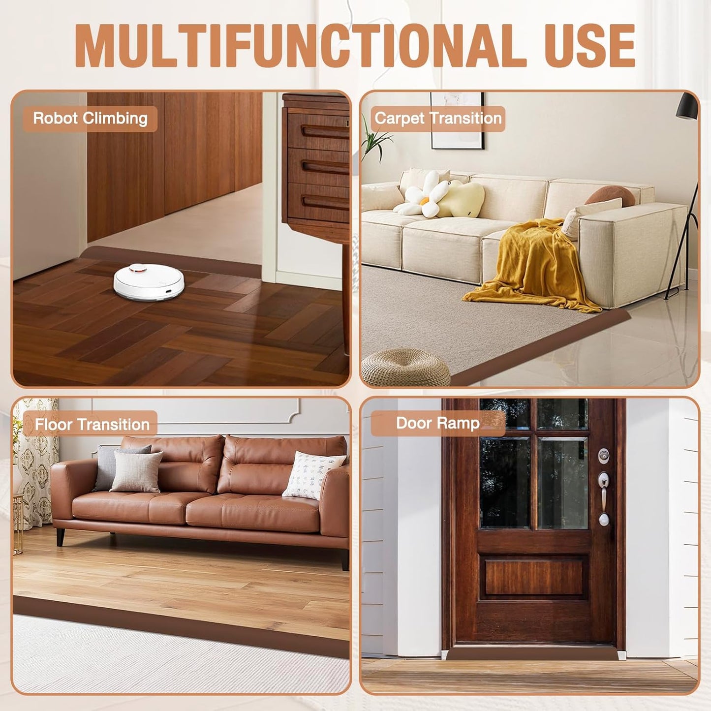 Floor Transition Strip Self Adhesive Vinyl Door Threshold for Doorways Carpet Edging Trim Overlap Edge Reducer for Laminate Floor, Carpet, Tile (Brown, 1/5" to 2/5", 6.6Ft)