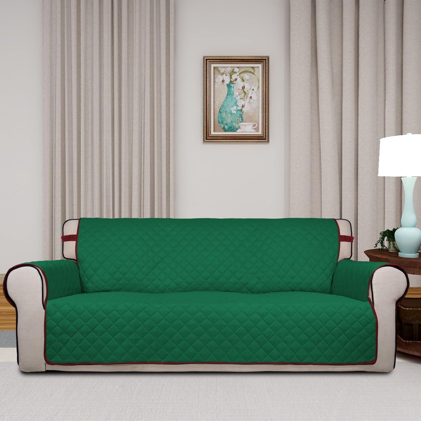PureFit Reversible Quilted Sofa Cover, Water Resistant Slipcover Furniture Protector, Washable Couch Cover with Non Slip and Elastic Straps for Kids, Pets (Oversized Sofa, Green/Red)