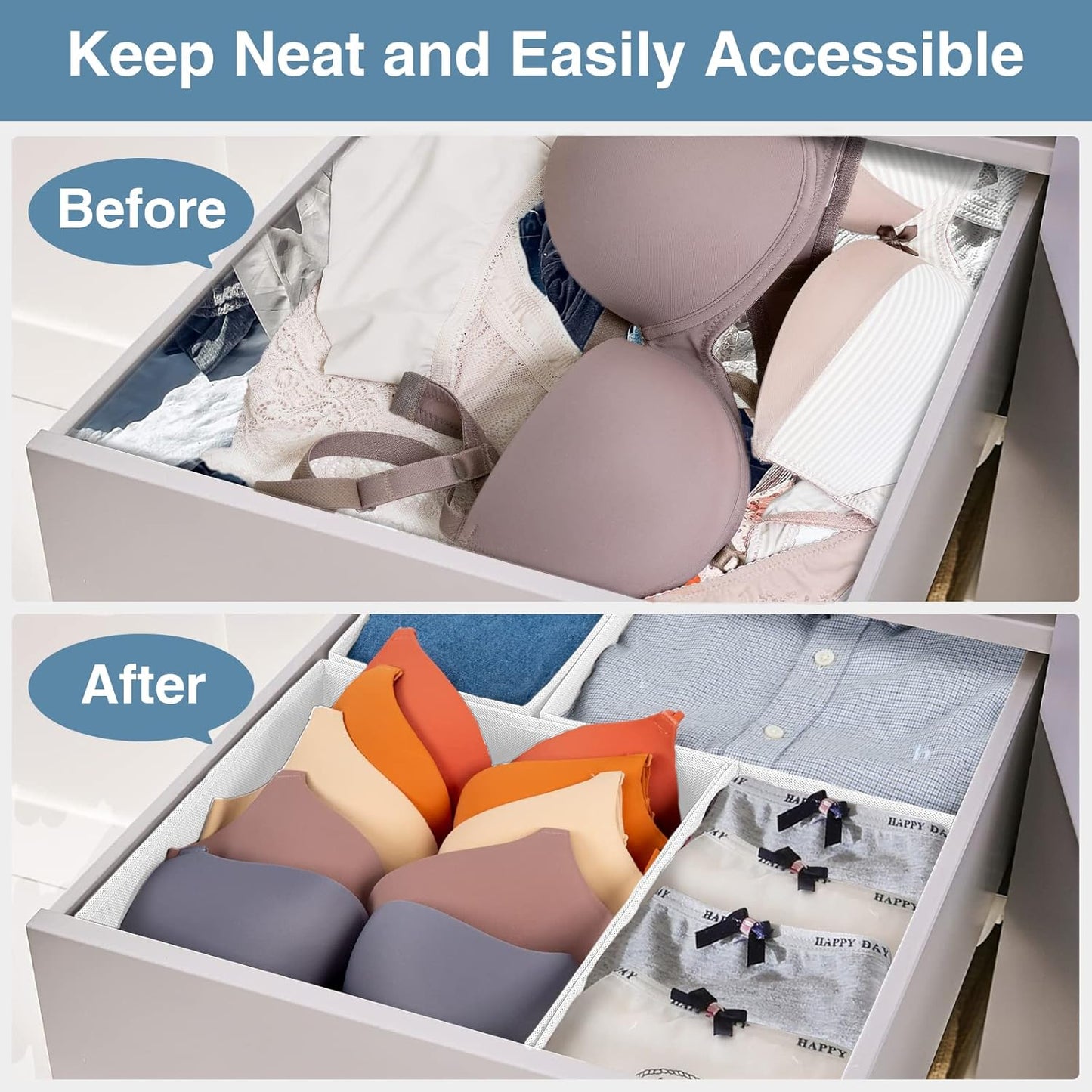 Criusia Drawer Organizer Clothes, 8 Pack Underwear Drawer Organizer, Foldable Closet Organizers and Storage Dresser Drawer Dividers for Clothes, Socks, Scarves, Ties (White)