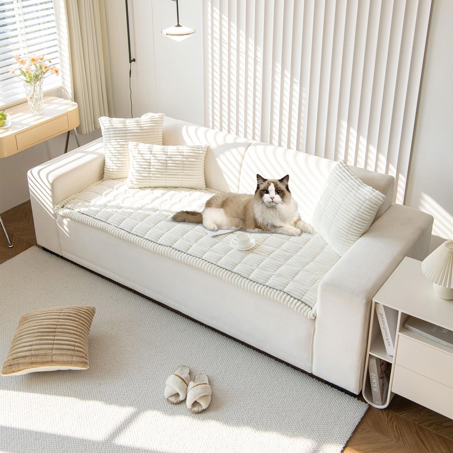OTOB Couch Cover for Dogs Washable, Non Slip Funny Pet Couch Covers Sofa Slipcovers Cushion Mat, Plush Soft Cozy Pet Friendly Furniture Protector, All Seasons (Cream, 23.6" x 47.2")