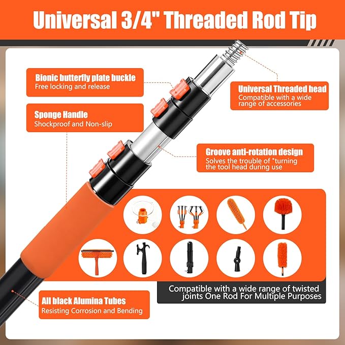 26FT Light Bulb Changer for High Ceilings with 5-20FT Heavy Duty Extension Pole,High Ceiling Fan Duster Extendable Reusable Cobweb,Feather,Window Cleaning Squeegee Kit for Home & House,Interior Roof