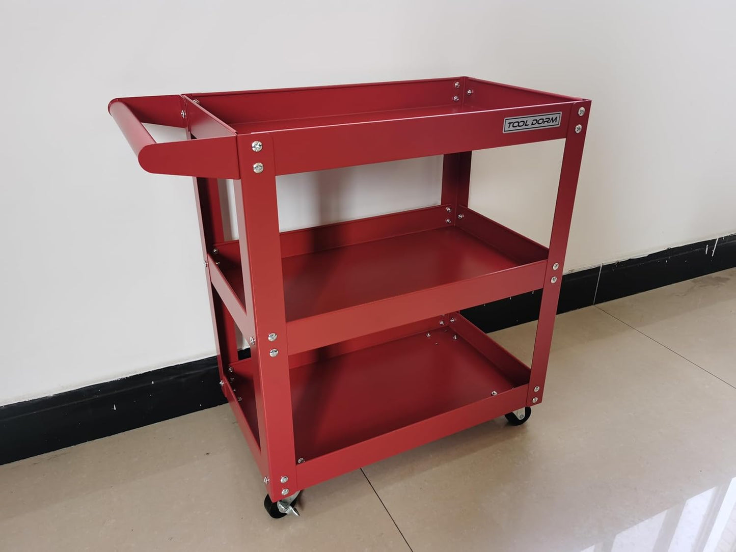 Utility Service Cart, 3 Shelf 150LBS Heavy Duty Steel Rolling Utility Cart, Medium Lipped Shelf, 360° Swivel Wheels, Ergonomic Storage Handle for Warehouse Garage, Red