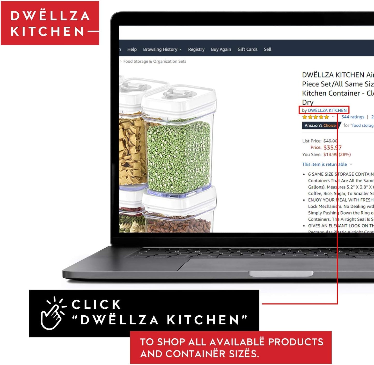 DWËLLZA KITCHEN Airtight Food Storage Containers for Pantry With White Lids – 6 Pack - Clear Air Tight Kitchen Containers Pantry Organization and Storage - BPA-Free Plastic - Keeps Food Fresh & Dry