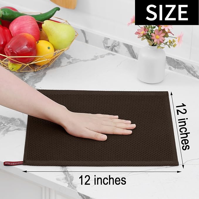 Homaxy 100% Cotton Waffle Weave Kitchen Dish Cloths, 4-Pack Ultra Soft Absorbent Dish Towels, Quick Drying Dish Rags, 12 x 12 Inches, Dark Brown