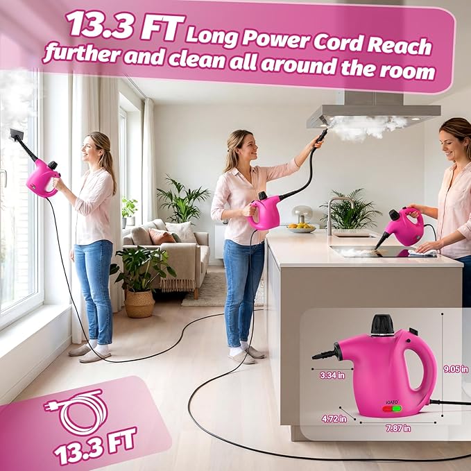 KIATO Handheld Steam Cleaner, Hand Held Steamer for Cleaning Home, Portable Pressurized Steamers for Upholstery Furniture Sofa Couch Floor Tile Grout Bathroom, Pink, SC23