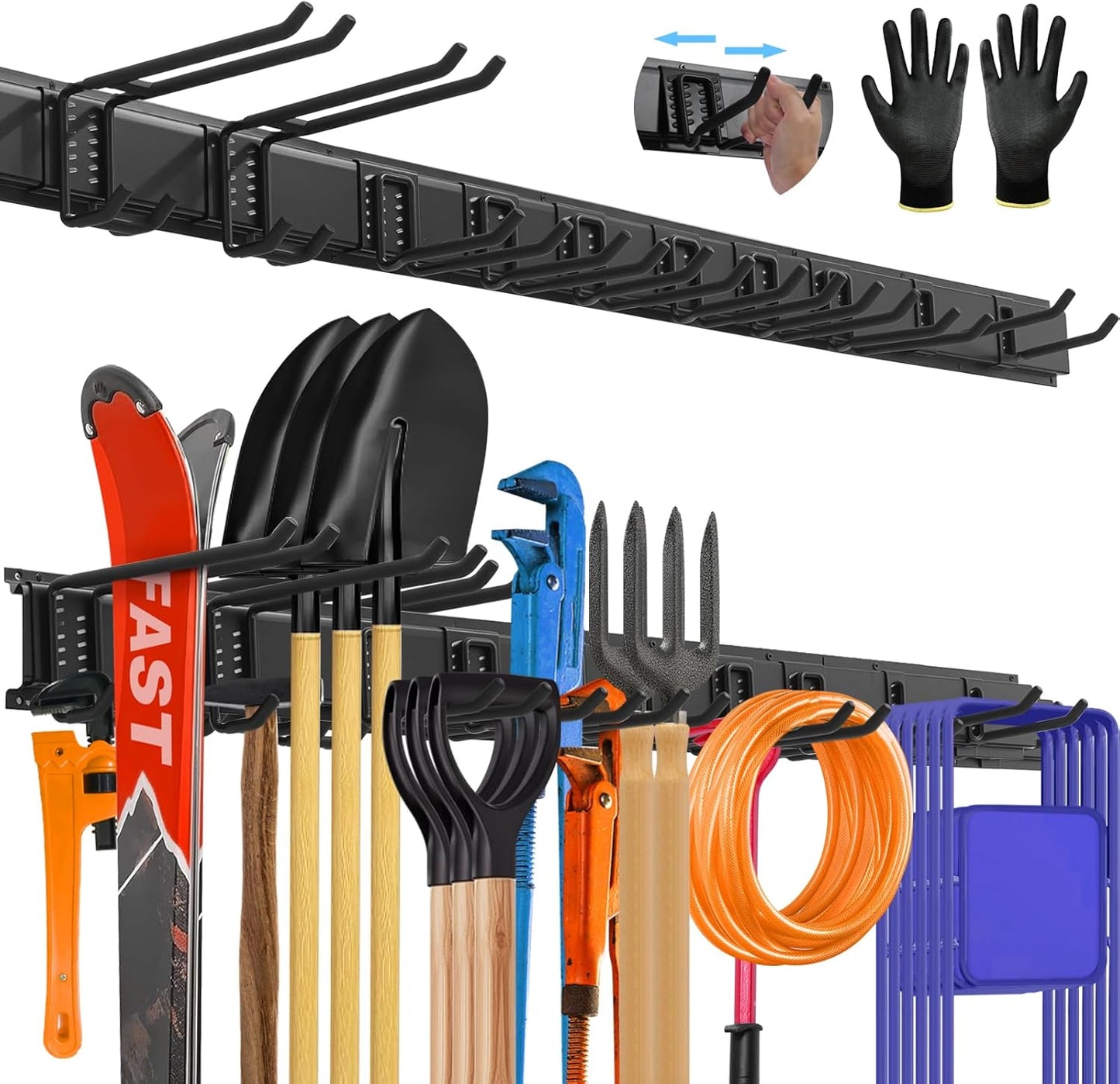 64'' All-Metal Garage Tool Organizer Wall Mount – Heavy-Duty Tool Rack Holds 680 lbs, Adjustable Hooks for Garage, Yard, and Garden Equipment