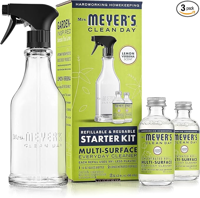 MRS. MEYER'S CLEAN DAY Multi-Surface Cleaner Dispenser and Concentrate Starter Kit, 1 Glass Dispenser (16 Fl. Oz.) and 2 Concentrated Refills (2 Fl. Oz. each), Lemon Verbena, Makes 32 Fl. Oz. Total
