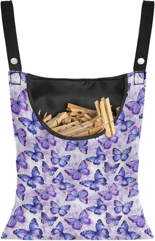 Butterfly Purple Clothespin Bag for Clothesline Outdoor, Soft & Lightweight Hanging Bag for Laundry, Clothes Pins Bag Holder Outdoor, Clothes Pin Bag for Outside