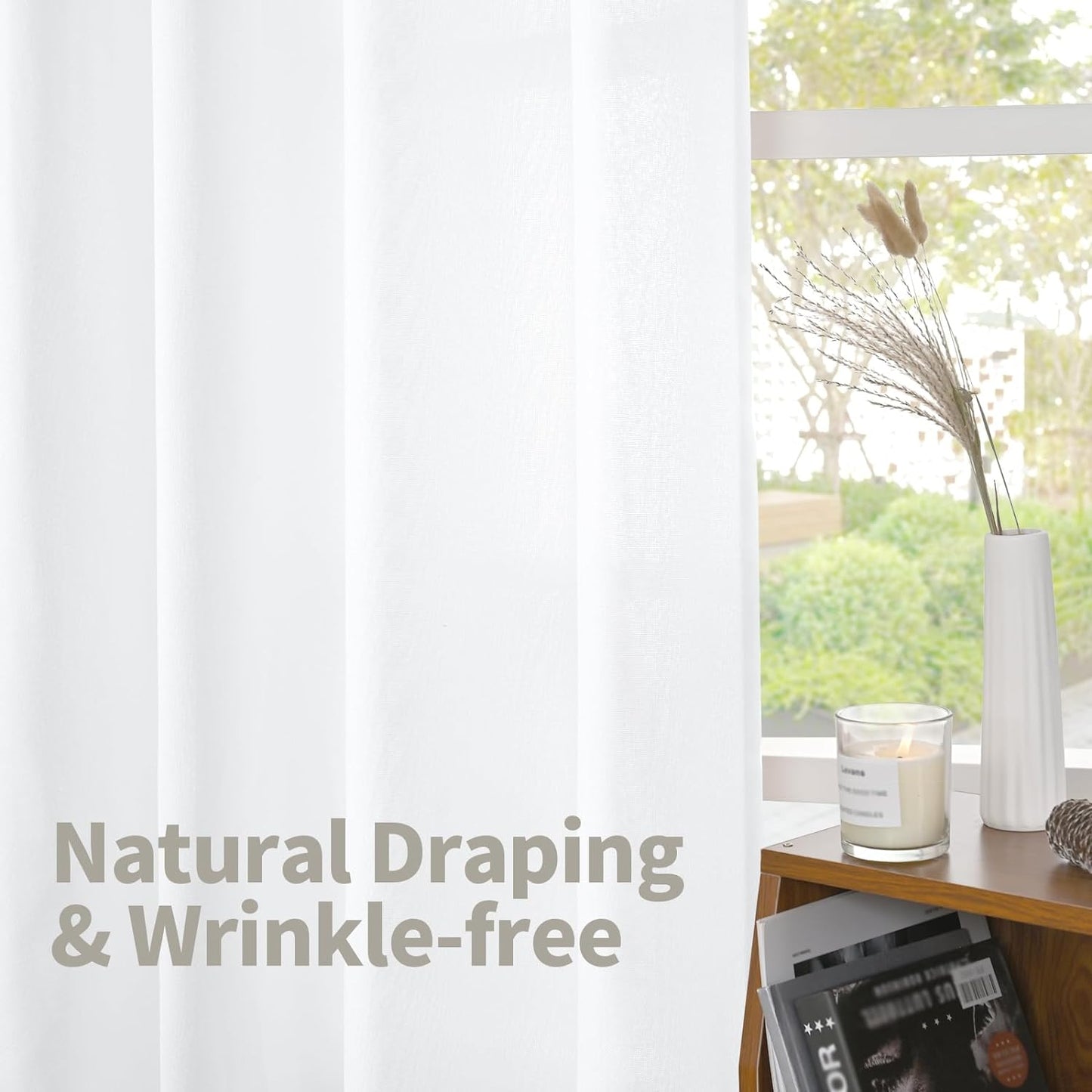 YoungsTex 84 Inch Length White Linen Curtains for Living Room, Semi Sheer Drapes with Rod Pocket Back Tab Light Filtering Window Treatments for Dining Bedroom, 52 X 84 Inch, 2 Panels