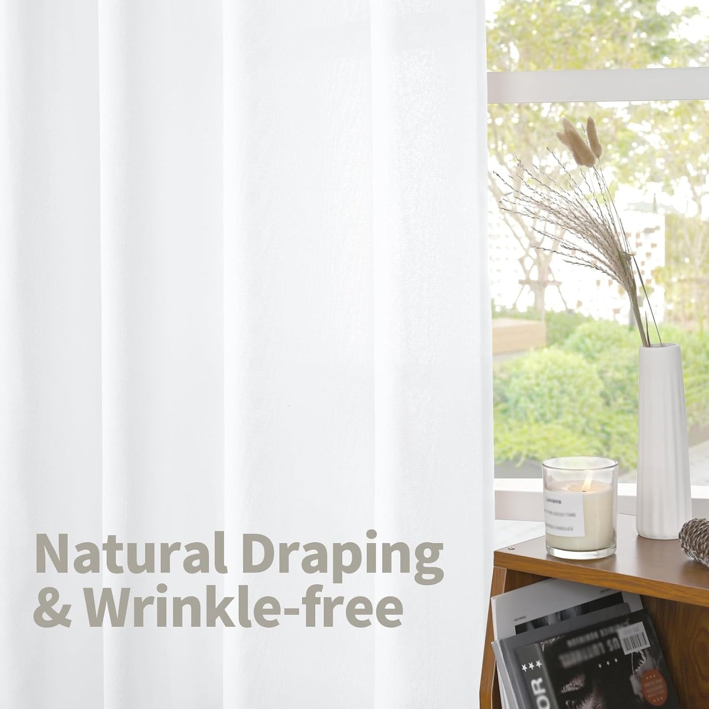 YoungsTex White Linen Cafe Curtains 36 Inch Length 2 Panels - Short Drapes Semi Sheer with Rod Pocket Back Tab Lightweight for Bathroom Kitchen Windows Over Sink, 42 X 36 Inch