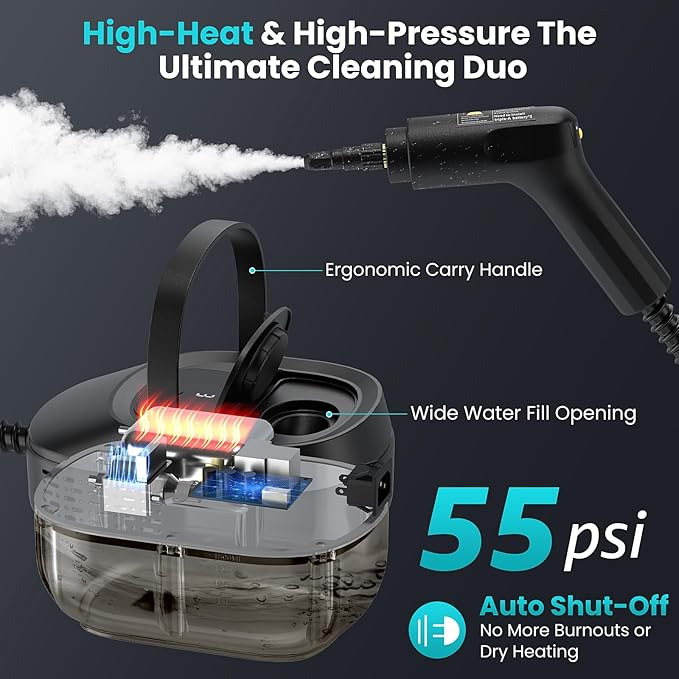 Handheld Steam Cleaner for Home, 2500W High Pressure Steamer, 15s Fast Heat-Up, 1.6L Tank, Portable Steam Cleaner for Car, Floor, Grout, Kitchen, Furniture & Bed Bugs (Black)