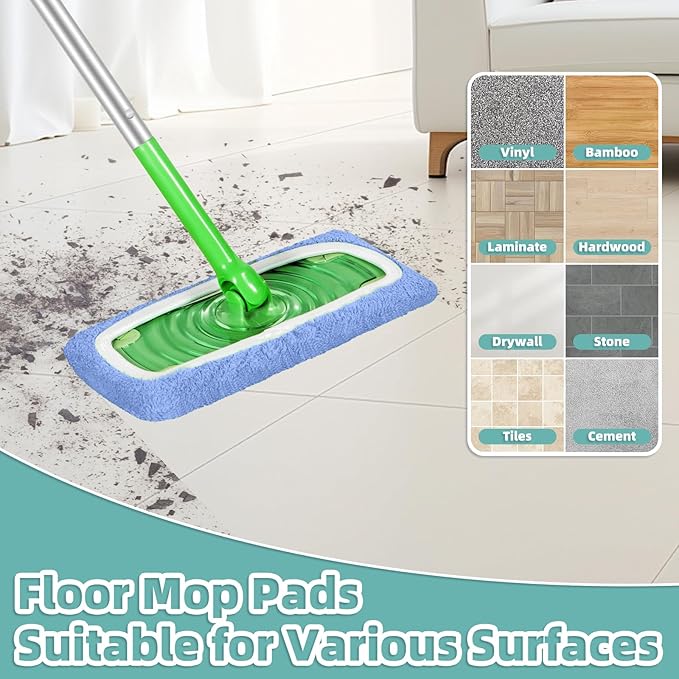 Reusable Mop Pads Compatible with Swiffer Sweeper Mop, Microfiber Dry Sweeping Cloths & Machine Washable Wet Pads Refill for Use on All Sealed Floors - Stone, Hardwood, Laminate & Tile (6 Blue)