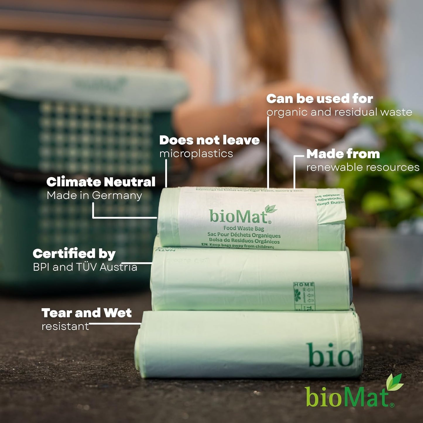 bioMat 2.6 Gallon Compostable Trash Bags, 125 Count, Compost Bags for Countertop Bins, BPI ASTM D6400 and CMA Certified Small Trash Bags
