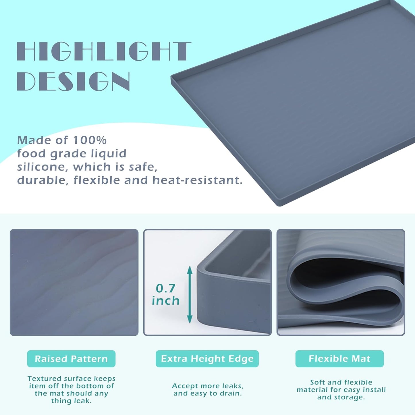 URMONA Waterproof Silicone Under Sink Mat 22'' x 14'' Shelf Liner for Kitchen and Bathroom, Cabinet and Counter Protector, Storage and Organizers, Litter Mat, Pet Cat Puppy Essentials(Light Grey)