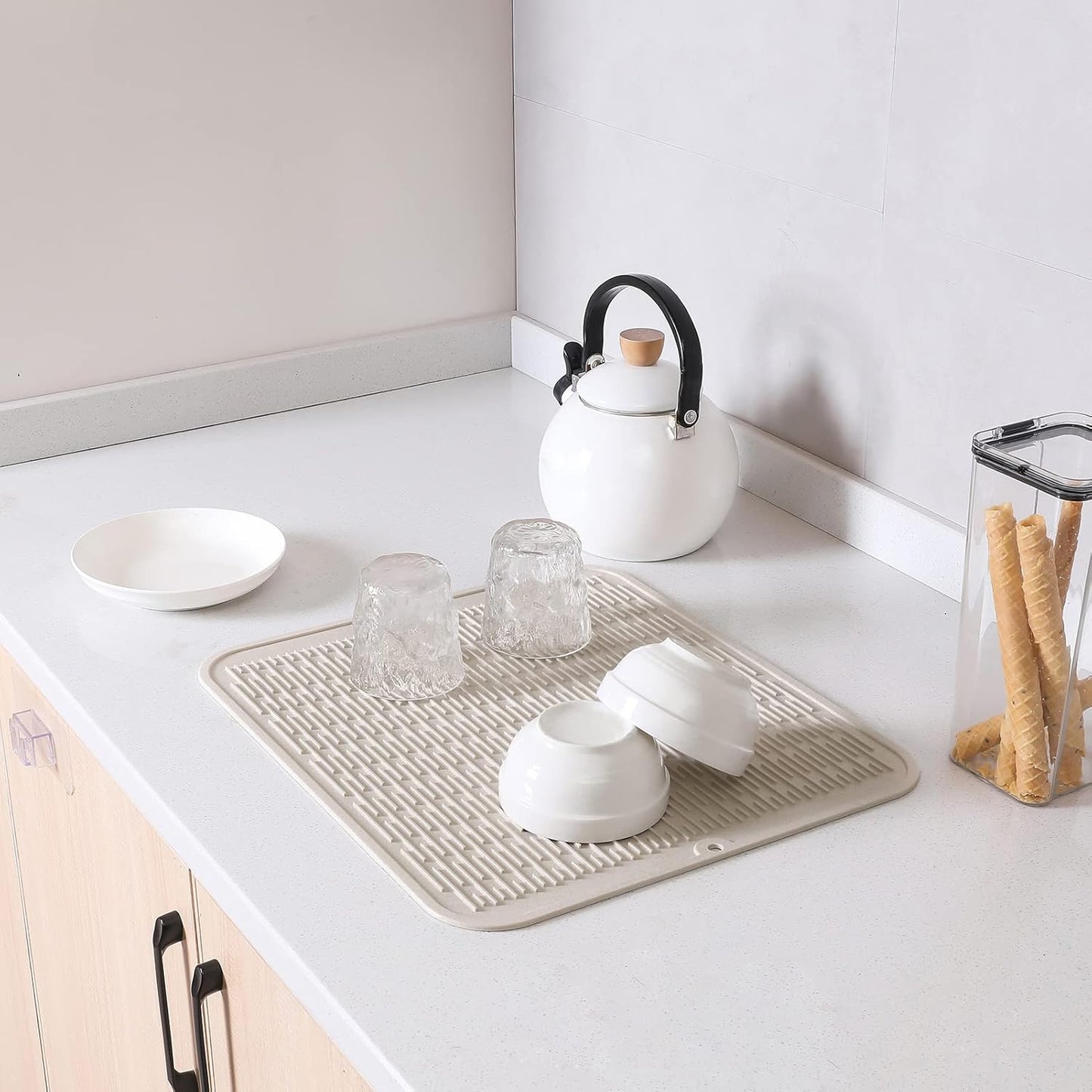 Silicone Dish Drying Mat for Multiple Usage,Easy clean,Eco-friendly,Heat-resistant Silicone Mat for Kitchen Counter or Sink,Refrigerator or Drawer Liner Tapioca 2XL 24 inches x 18 inches