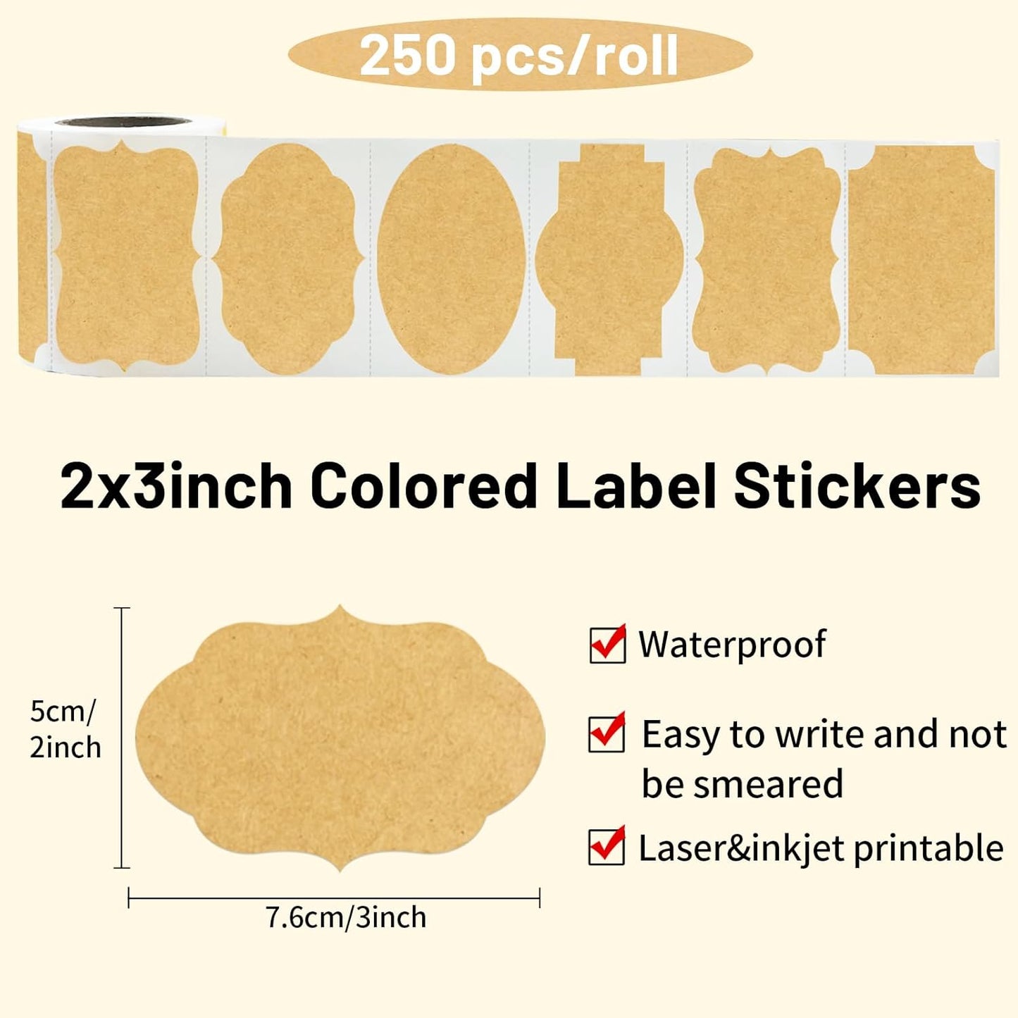 Kraft Labels Stickers, 250 PCS 3" x 2" Fancy Shape Stickers Labels for Storage Box or Food Jars Holiday Present Stickers Christmas Gift Tags Stickers