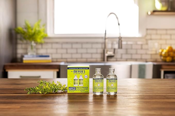 MRS. MEYER'S CLEAN DAY Multi-Surface Cleaner Dispenser and Concentrate Starter Kit, 1 Glass Dispenser (16 Fl. Oz.) and 2 Concentrated Refills (2 Fl. Oz. each), Lemon Verbena, Makes 32 Fl. Oz. Total