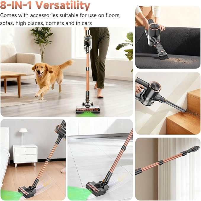Cordless Stick Vacuum Cleaner - 45KPA Powerful Suction Vacuum with 45 Min Runtime, Detachable Battery, Anti-Tangle & 1.5L Dust Cup, 8 in 1 Vacuum Cleaner for Pet Hair, Carpet, HardFloor, Pink