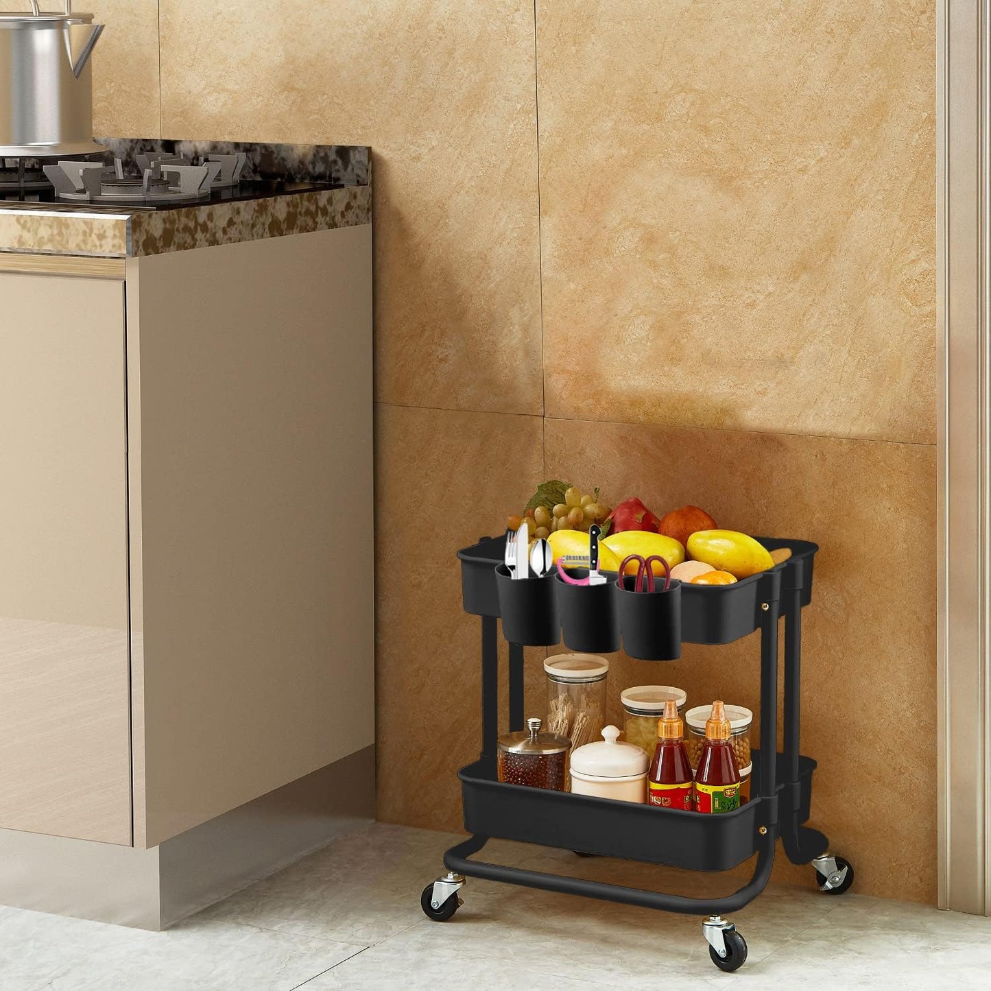 Melody House 2-Tier Utility Rolling Cart Storage Sofa Side Table with Wheels, Mobile Trolley Organizer with for Office Home Kitchen Organization, Black