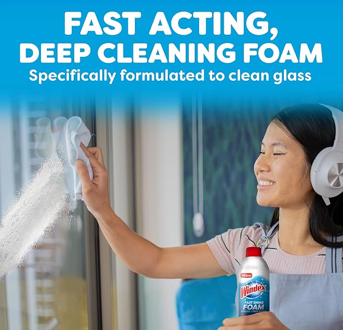 Windex Fast Shine Foam Glass Cleaner, No-Drip Windows, Doors, Mirrors & Countertops Aerosol Cleaning Spray, Streak-Free Shine, Removes Fingerprints, Dust, Dirt, Grime & More 19 oz (Pack of 1)