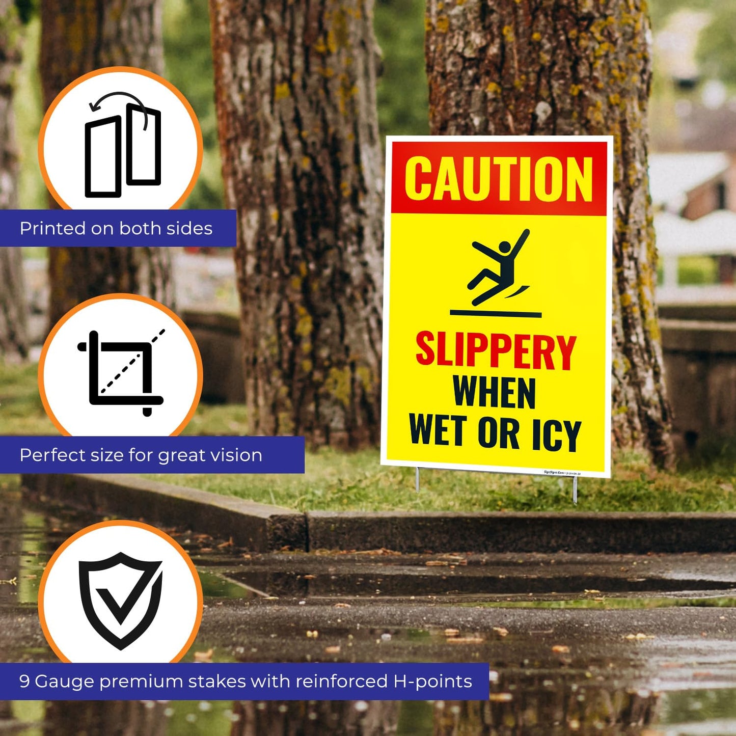 Caution Slippery When Wet or ICY Sign, (SI-84404) Double Sided 12x18 Inches, Corrugated Plastic with Metal H Stake, Made in USA by Sigo Signs