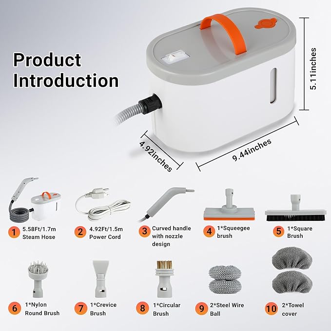 Steam Cleaner for Home - Portable Handheld Steamer for Cleaning With 15s Heat-UP, 0.78 Quarts Tank,9 Accessories - Clean Grease,Automotive wheels and interior trim,Grout, Tile, Floor, Couch, Carpets