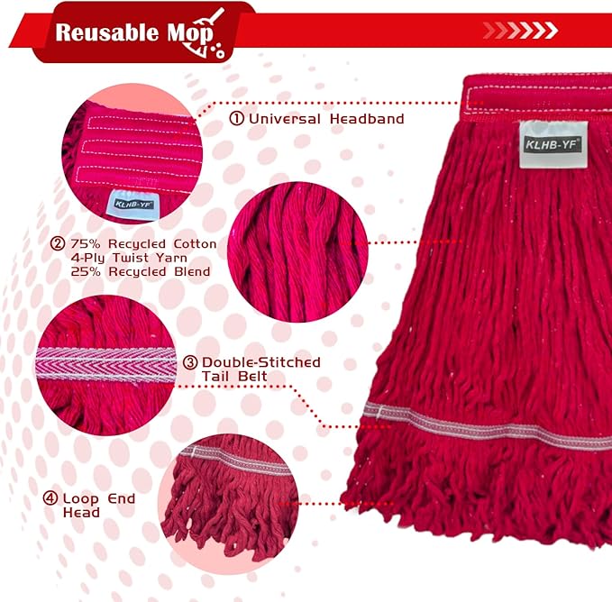 Heavy Duty Wet Industrial Cleaning Mop Head – 21 oz red mop Head Replacement Cotton Washable Industrial mop Heads Heavy Duty for Commercial & Home Cleaning（RED）