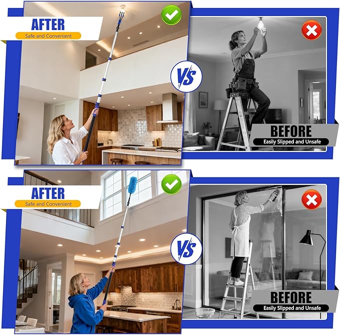 26FT Light Bulb Changer for High Ceilings with 5-20FT Heavy Duty Extension Pole,High Ceiling Fan Duster Extendable Reusable Cobweb,Feather,Window Cleaning Squeegee Kit for Home & House,Interior Roof