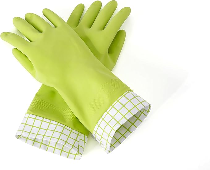 Full Circle Splash Patrol - Natural Latex Cleaning Dish Gloves, Stay-Dry Cotton Cuffs, Durable with Protective Lining, Medium/Large, (1 Pair) Green