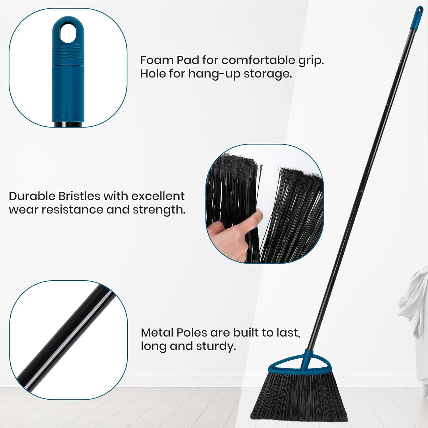MAVRIZ 3 Pack Heavy Duty Broom Outdoor with 60" Long Handle Stiff Bristle Kitchen Broom for Sweeping Indoor Angle Broom for Floors, Shop Restaurant Garage Patio