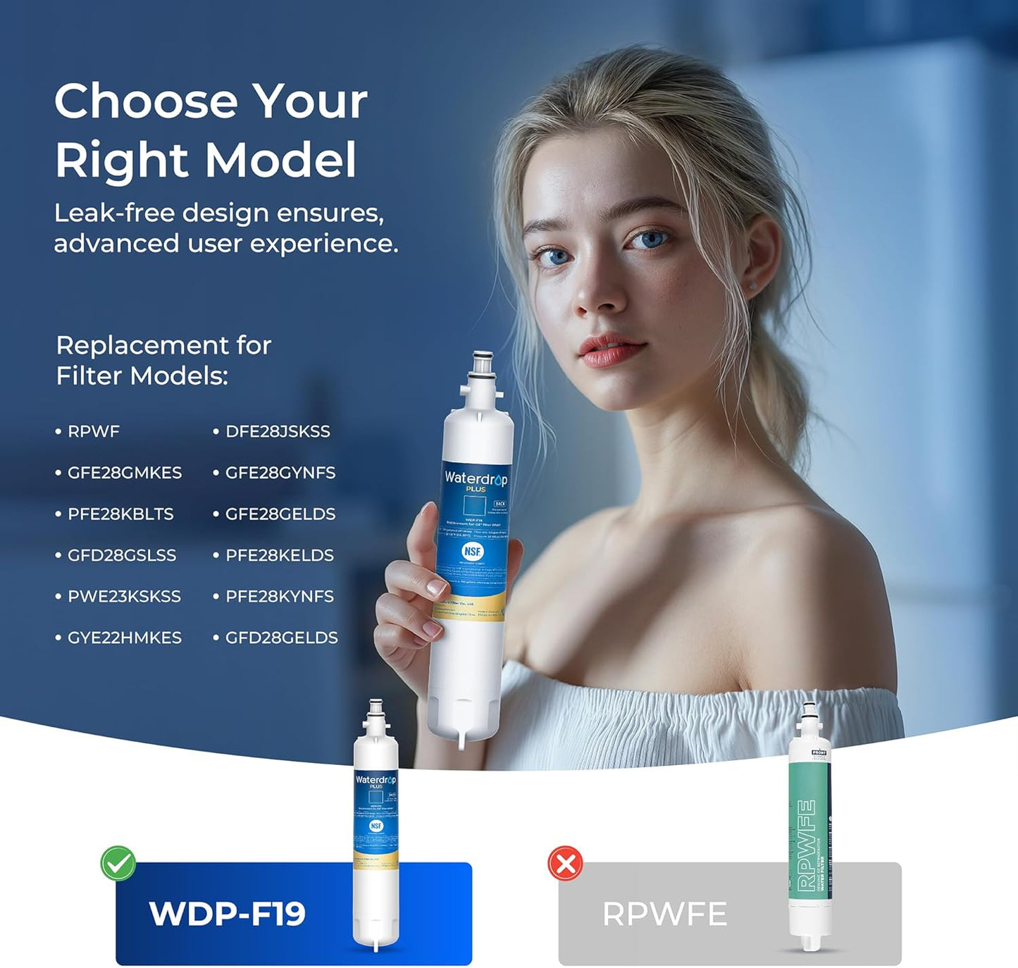 Waterdrop Plus RPWF Refrigerator Water Filter, Replacement for GE® RPWF (NOT RPWFE), Reduce PFAS, WDP-F19, DWF-36, R-3600, MPF15350, OPFG3-RF300, RWF1063, Certified by NSF 401&53&42, 2 Filters