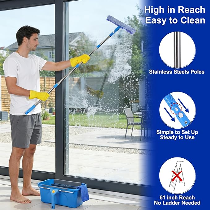 Professional Window Cleaning Kit, Window Washing Kit with 3 Gallon Bucket, 14-Inch Squeegee & 15-Inch Scrubber, 61-Inch Extendable Pole, Window Cleaning Equipment for Home & Commercial Use