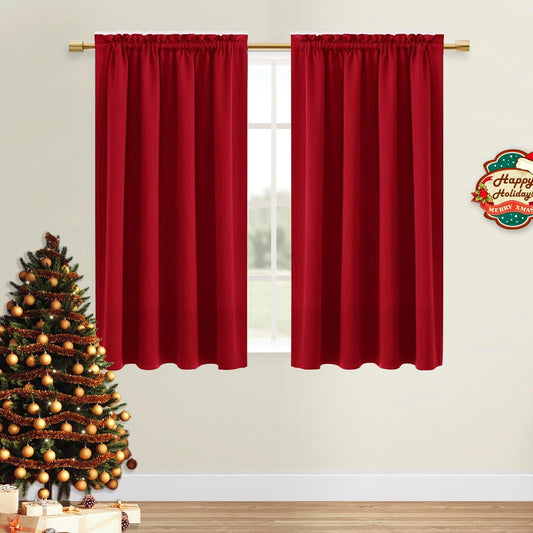 DWCN Christmas Blackout Curtains Thermal Insulated Energy Saving Bedroom and Kitchen Curtains Window Treatments, W 38 x L 45 Inch, Set of 2 Red Rod Pocket Drapes
