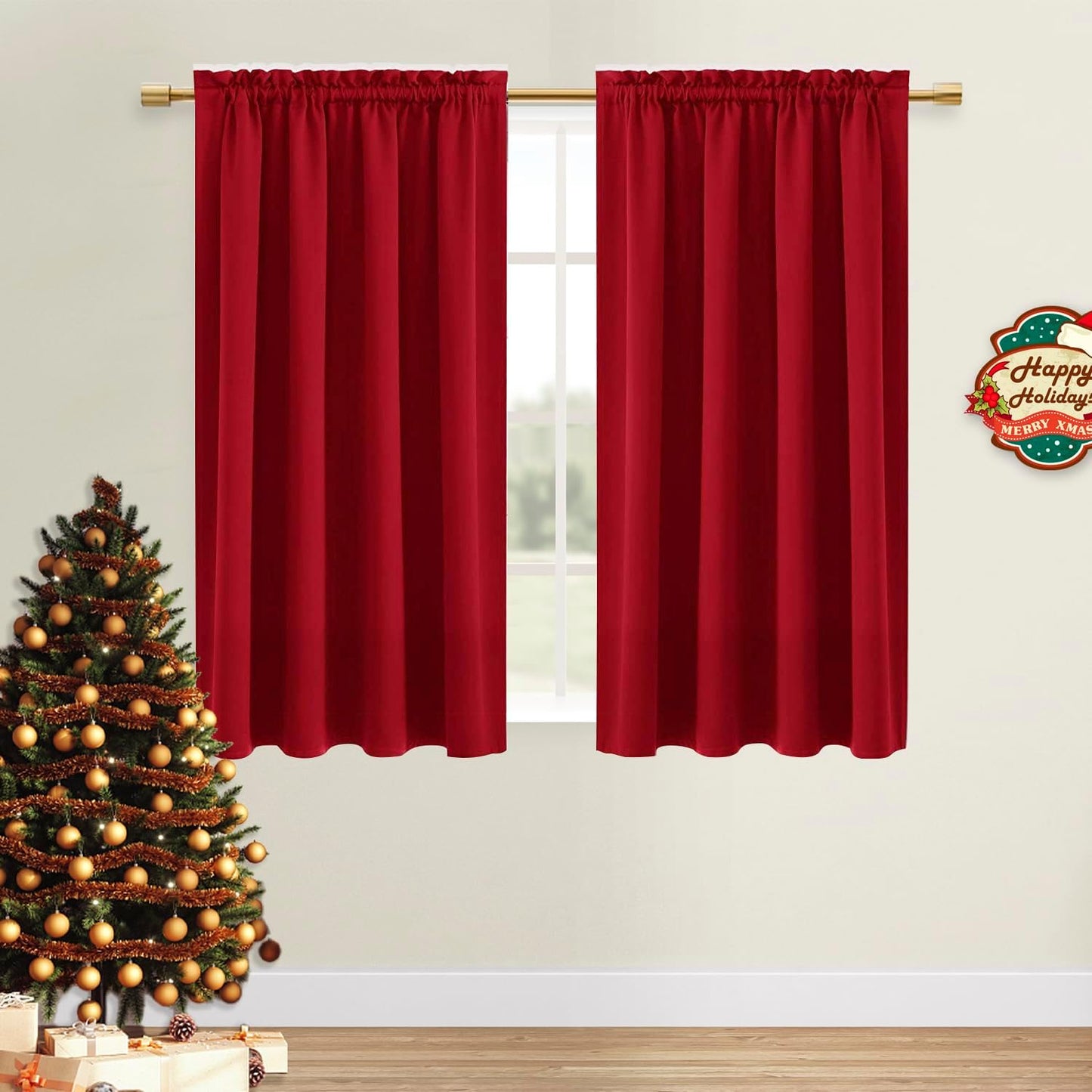 DWCN Christmas Blackout Curtains Room Darkening Thermal Insulated Bedroom Curtains Window Treatments, 42 x 45 inches Long, Set of 2 Red Rod Pocket Drapes