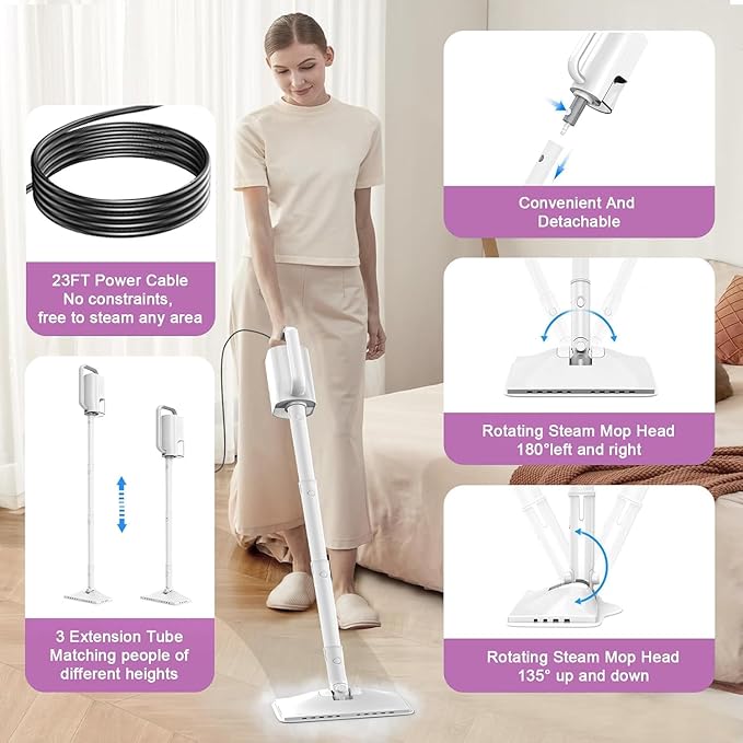 7-in-1 Steam Mop, 1200W Rotated Steam Cleaner for Home, 2 Modes, 400ML Removable Tank, 23FT Power Cord, 2 Pads, Multi-Surface Steamer for Hard Floor, Laminate Floor, Tiles Cleaning (First Frost)
