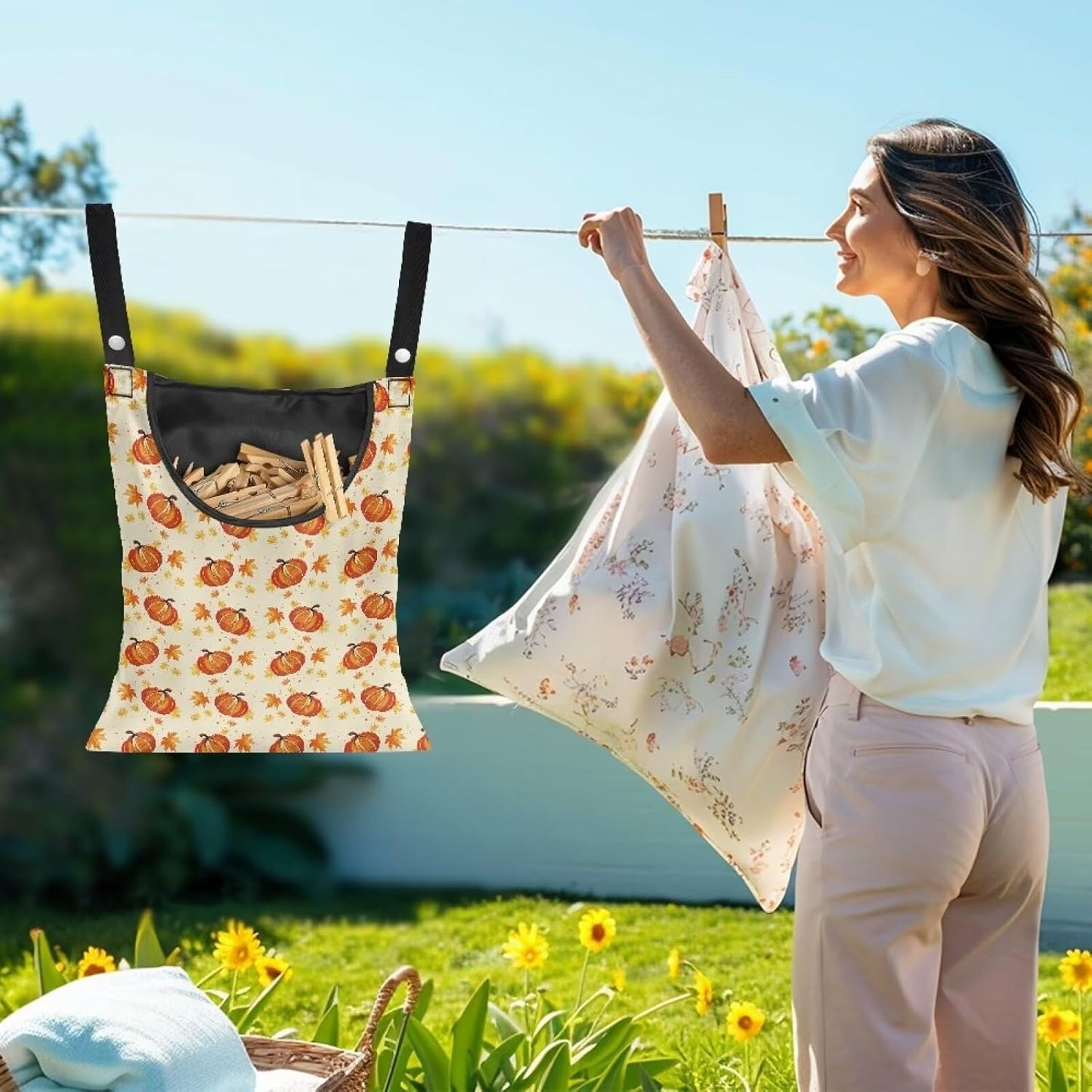 Pumpkin Clothes Pin Bags Clothespin Bag Holder Clothespin Holder 14.5 x 12 Inch Clothespin Bag for Clothesline Outdoor Outside Laundry Room Lightweight Clothespin Bag for Easy Hang, CZB94