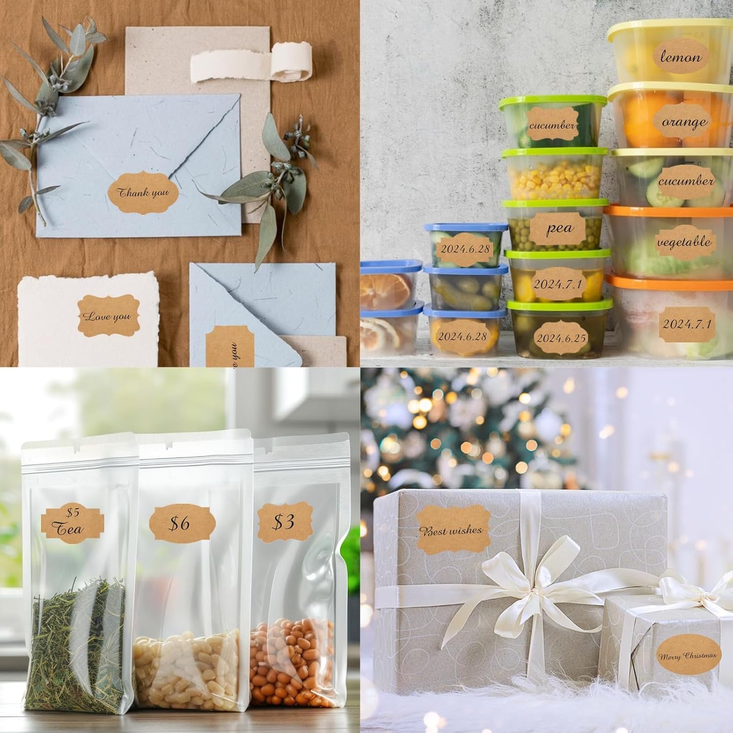 350 PCS Gift Tags Stickers Name Labels Stickers,2" x 1.2" Fancy Shape Stickers Self-Adhesive Handmade Bottle All-Purpose Jar Labels for Presents Cosmetic Decoration Jars Food Craft (Dark Kraft)